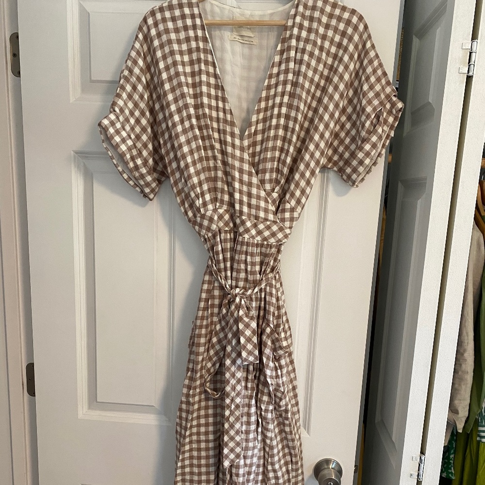Urban Outfitters Linen Gingham Wrap Midi Dress | Size Medium